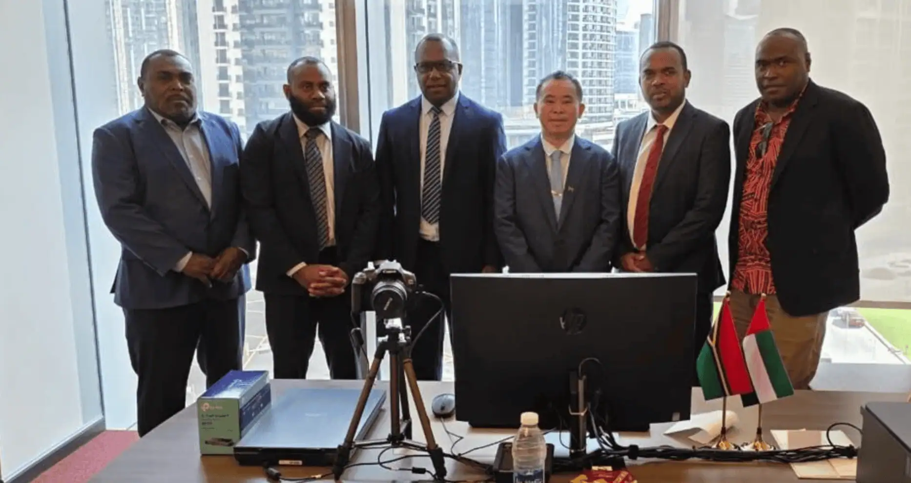 Minister of Internal Affairs, Andrew Solomon Napuat; Minister of Public Works, Xavier Emmanuel Harry; Vanuatu Consul General to Dubai, Andrew Leong